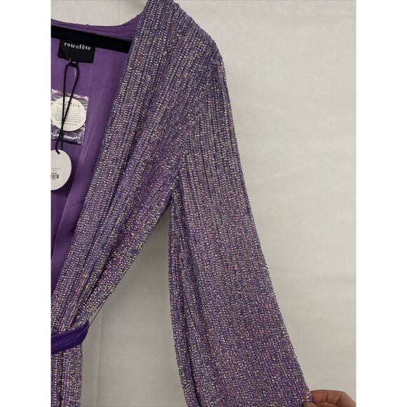 NEW NWT $615 Retrofete Audrey Midi Dress Sz Medium Wrap Iridescent Sequin Belt - Picture 9 of 10